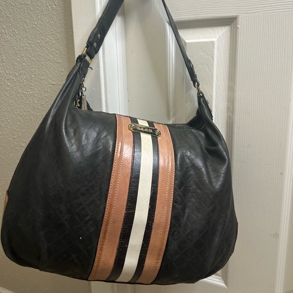 L.A.M.B. Y2K Vintage Black Leather Tan White Stripe Shoulder Bag - Picture 11 of 12